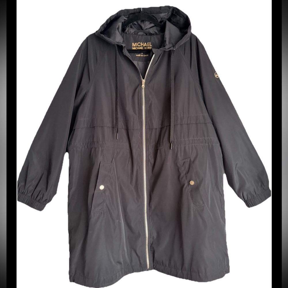 CALVIN KLEIN Women’s Black Mid-Length Hooded Full Zip Rain Jacket Sz 1X